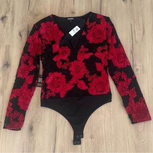 Express black and red rose bodysuit Medium NWT Christmas holidays